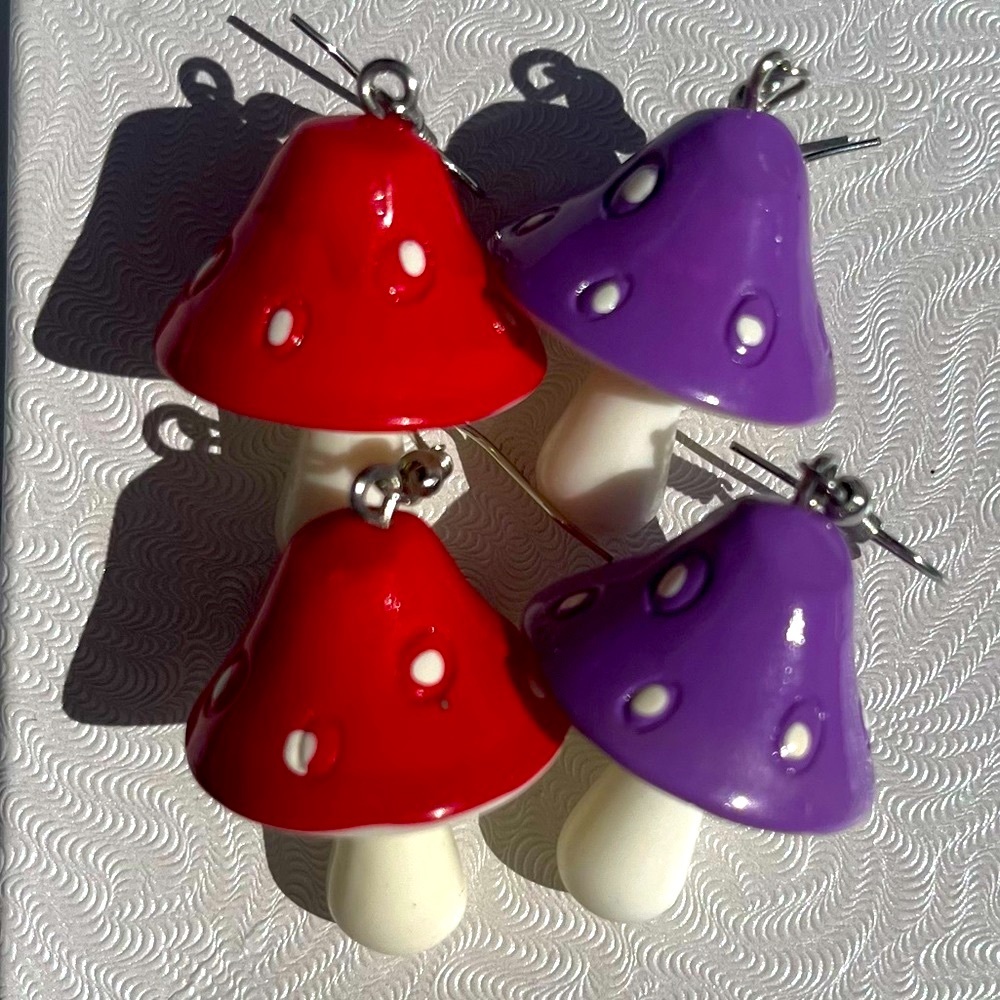 Mushroom Earrings, 2 Sets Purple and Red